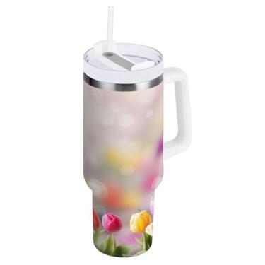 Imagem de Kigai Copo de tulipas coloridas bonitas de 850 g com tampa e canudo, copo isolado de aço inoxidável durável à prova de vazamento com alça, garrafas de água à prova de derramamento para viagens