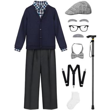 Imagem de Gnodio Fantasia de 100 dias de escola para meninos, fantasia de velho para crianças, 100º dia de escola, acessórios de fantasia de vovô, Azul marinho, cinza escuro, 3-4 Anos