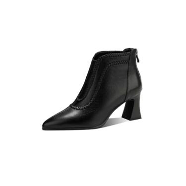 Imagem de TinaCus Botas femininas com zíper nas costas, couro legítimo, bico fino, salto empilhado, cano curto, Preto, 36