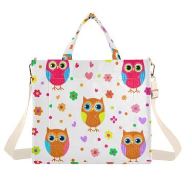 Imagem de Burbuja Sacola feminina com corujas coloridas, bolsa tiracolo de veludo cotelê para compras, trabalho, viagens, Corujas coloridas, Medium
