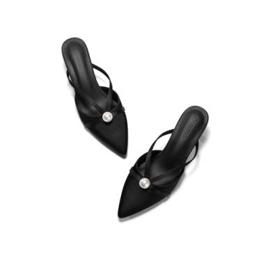 Imagem de Coutgo Sandália feminina de cetim com salto gatinho pérola com bico fino fechado, Preto, 40
