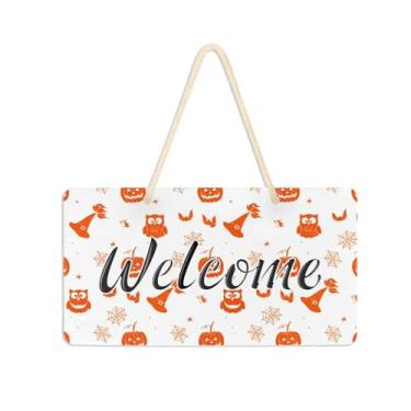 Imagem de Burbuja Placa de boas-vindas de chapéus de abóbora de coruja para porta da frente, placa de boas-vindas de PVC para decoração de férias, 15 x 28 cm