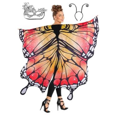 Imagem de ROC PARTY Fantasia feminina de asas de borboleta de Halloween, 3 peças, conjunto de capa de borboleta, máscara de renda, faixa de cabeça de veludo, fantasia de Halloween (multicor, tamanho único)