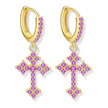 Imagem de Brincos góticos para mulheres e homens grunge emo Y2k brincos de cruz pingente strass gótico punk pequeno brinco de argola brinco de argola Halloween Natal presentes, Middle, Cobre, Sem pedra preciosa