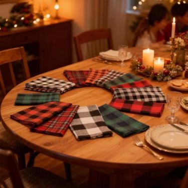 Imagem de 8 peças quadradas de tecido de Natal, tecido de algodão xadrez e flanela 49,5 x 15,7 polegadas para projetos de costura de férias, materiais de estofamento de Natal e suprimentos de artesanato festivo