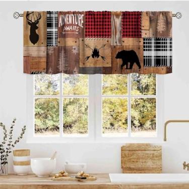 Imagem de Valance de casa de fazenda, rústica, retrô, veado, alce, urso, cabana, animais selvagens, campo, prancha, madeira antiga, bolso para varão, cortinas, para cozinha, café, armário, sala de estar
