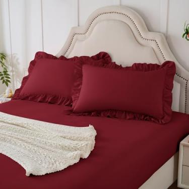Imagem de Homiest Conjunto de 3 peças de fronhas com babados e lençol com elástico, borgonha com 2 fronhas com babados, bolso profundo de 38 cm, jogo de cama de microfibra fofo e coquete para decoração de