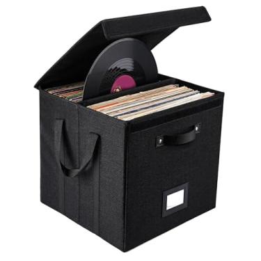 Imagem de Jiawu Caixa de Armazenamento de Registros, Caixa Organizadora de Coleção de álbuns Dobrável, Caixa de Armazenamento Empilhável Com Tampa, Grande Capacidade para Documentos, CDs (Preta)