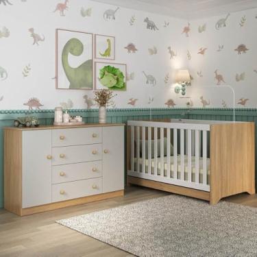 Imagem de Berço Americano 3 em 1 com Cômoda 2 Portas 4 Gavetas Encanto Multimóveis Mp4691 Madeirado/off White