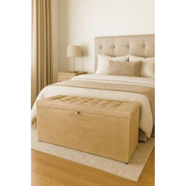 Imagem de Puff Baú Decorativo 1 Metro com Pistão a Gás – Banco Estofado para Sala e Quarto Puff Organizador com Tampa Diversas Cores (Bege claro Suede,Rodizios c/travas)