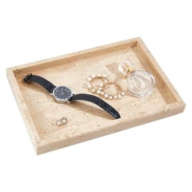 Imagem de NBEADS Bandeja de mármore de 19 x 29 cm, bandeja de pedra travertino, organizador de joias para suporte de vela de perfume, banheiro, bancada, decoração de mesa de café, retângulo, chicote de mamão