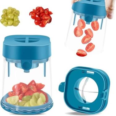 Imagem de Copo para fatiar frutas: copo fatiador de morango - cortador de uva de tomate - fatiadores de ovo - divisor de frutas de extrusão de quarto - acessórios de cozinha ferramenta de decoração de bolo azul