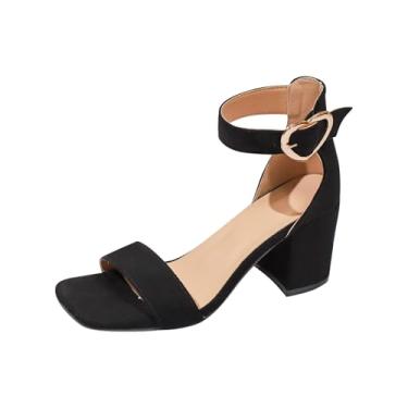 Imagem de Sapato feminino com fivela única bico quadrado salto médio casual primavera verão salto grosso design de coração, Preto, 35