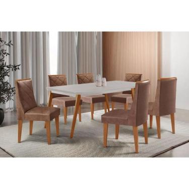 Imagem de Sala Jantar Mesa Havana Tampo c/ Vidro Curvo 180cm+6 Cadeiras Pietá Madeira Naturale/Off White - Capuccino/Corano Capuccino - Rufato
