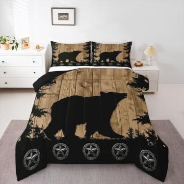 Imagem de jejeloiu Conjunto de cama de urso macio para meninos e meninas, conjunto de edredom queen de madeira retrô selvagem de microfibra rústica para decoração de quarto, 3 peças com 2 fronhas