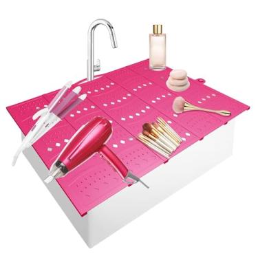 Imagem de Mofason Tampa superior da pia do banheiro, economia de espaço, tapete organizador de maquiagem de silicone para bancada, acessórios pequenos essenciais para banheiro, trailer, viagem, acessórios