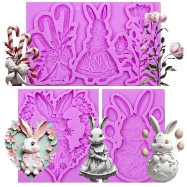 Imagem de Infovox Molde de silicone para fondant de coelho, moldes de decoração de bolo de Páscoa para fazer chocolate, topo de cupcake, pasta de chiclete, conjunto de 3