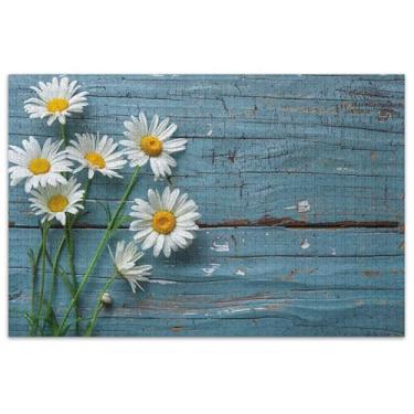 Imagem de Quebra-cabeça de margaridas rústico de madeira azul 500 peças presentes para adultos adultos elefante branco quebra-cabeças difíceis para adultos quebra-cabeça artístico