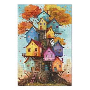 Imagem de Quebra-cabeça colorido da casa da árvore 1000 peças, quebra-cabeça para adultos, noite de jogo