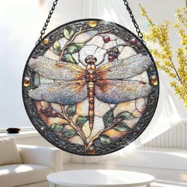 Imagem de 1 peça de decoração para pendurar apanhador solar de acrílico colorido, libélula com frutas silvestres, decoração de janela de 18 cm com design de estilo vitral impresso, ideia de presente e ornamento