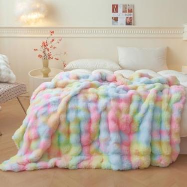 Imagem de LIFEREVO Cobertor fofo de pele de coelho sintético, tie dye felpudo sofá para sofá, aconchegante e confortável cobertor de cama grande para adultos, crianças e meninas, manta felpuda estética para