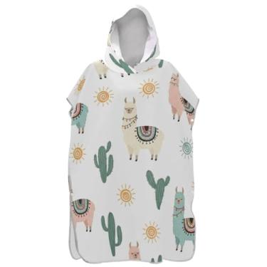 Imagem de Joisal Poncho de surfe para adultos trocador de roupão com capuz toalha de praia impressão de secagem rápida bonito lhamas cacto branco ponchos femininos com capuz
