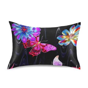 Imagem de Fronhas refrescantes floral personalizada padrão Queen King fronha de cama de cetim decoração de casa tamanho queen 76.2 cm x 50.8 cm colorido borboleta flor preta