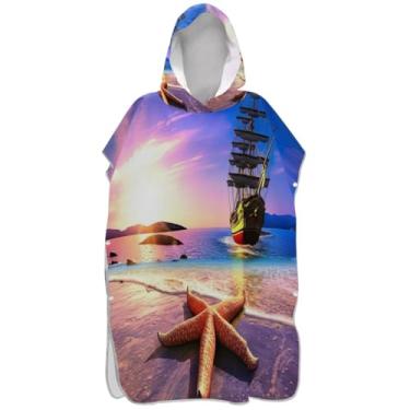 Imagem de Joisal Poncho de surf plus size trocador para adultos toalha de natação com capuz bonito aquarela estrela do mar navio de praia masculino poncho com capuz