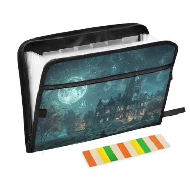 Imagem de Casa assustadora à noite com lua cheia, organizador de arquivos sanfonado, 13 bolsos, organizador de documentos com etiquetas, pasta organizadora de arquivos