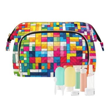 Imagem de TSENQUE Bolsa organizadora de maquiagem de mármore roxo de grande capacidade com conjunto de acessórios de 9 peças, bolsas de cosméticos femininas para bolsa, Quadrados coloridos, one size