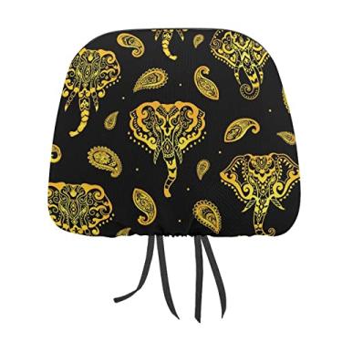 Imagem de Ornamento tribal de tatuagem asteca indiana dourada sem costura elefantes no escuro 2 peças capas protetoras de encosto de cabeça para assento de carro universal, capa macia para encosto de cabeça de