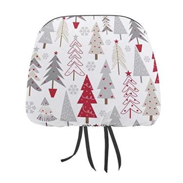 Imagem de Árvores de Natal sem costura, vermelho, cinza, branco, branco, 2 peças, capas de proteção universal para assento de carro, capa macia para encosto de cabeça de carro, acessórios de decoração para a