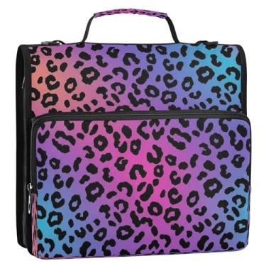 Imagem de Bolsa organizadora de fichário com zíper e listras de leopardo gradiente arco-íris com alça de ombro, portfólio de fichário de 3 anéis de 3 cm para documentos escolares ou de escritório