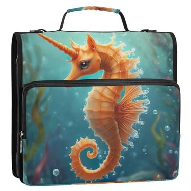 Imagem de Fichários com 3 anéis de 3 anéis, para serviço pesado, bonito, cavalo-marinho, unicórnio, fichário organizador com alça bolsa escolar básica para 500 folhas