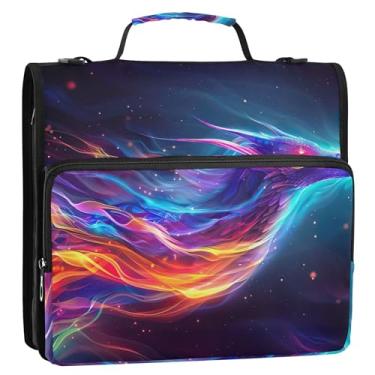 Imagem de Fichário colorido neon cósmico de 3 cm com 3 anéis, organizador de fichário com zíper, bolsa escolar com alça de ombro, vários bolsos, pasta grande para portfólio