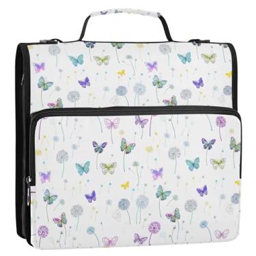 Imagem de Organizador de fichário com zíper impresso, 3 anéis, anel D de 3,8 cm, borboletas coloridas, dente-de-leão, vários bolsos, pastas de portfólio grande com alça bolsa escolar