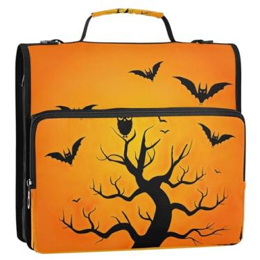 Imagem de Organizador de fichário de negócios com zíper de 3 cm, 3 anéis, resistente, morcegos, corujas, árvore, laranja, vários bolsos, pasta grande para fichários escolares com alça de ombro