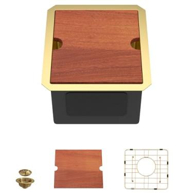 Imagem de Dcolora Pia de barra pequena dourada de 33 x 38, aço inoxidável 304 de calibre 16, placa de cobertura para economizar espaço, instalação de montagem vertical adequada para cozinha pequena, bar