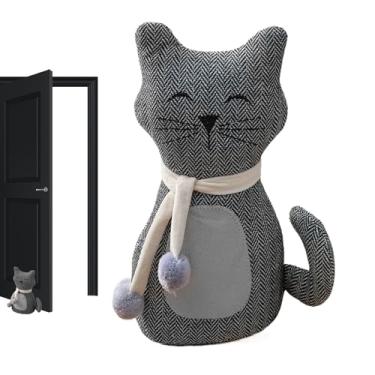 Imagem de Rolha de porta pesada de gato de desenho animado, cunha de porta, padrão de espinha de peixe cinza, rolha de pedra, capa de algodão e linho, 28 x 20 x 10 cm, batente de porta decorativo para