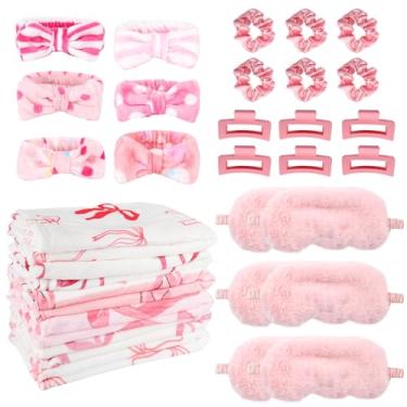Imagem de WAYASDCU 30 peças de artigos de festa do pijama para meninas, 6 estilos lindos cobertores de laço rosa, 6 grampos de cabelo, 6 laços de cabelo, 6 máscaras rosa de pelúcia, 6 faixas de lã coral para