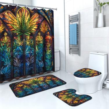 Imagem de Conjunto de cortinas de chuveiro em folha de vitral com tapete de banho e tapete