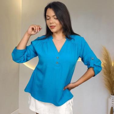 Imagem de Blusa Camisa Feminina Social Botões Manga 3/4 Formal Laura, Azul claro