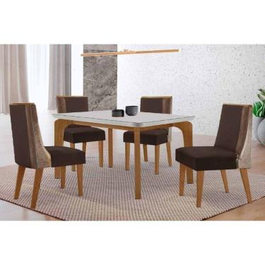 Imagem de Sala Jantar Mesa Londrina Tampo c/ Vidro Curvo 120cm 4 Cadeiras Tilia Madeira Naturale/Off White - Capuccino/Suede Marrom - Rufato