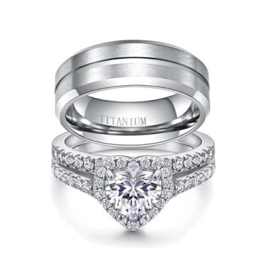 Imagem de ringheart Anéis de casal combinando coração AAA CZ branco banhado a ouro branco conjuntos de alianças de casamento para ele e para ela, women size6 & men size12, Papel, Zircônia cúbica