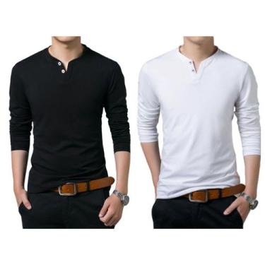 Imagem de Kit 2 Camiseta Henley Masculina Slim Fit 2 Botões Algodão Canelado - J