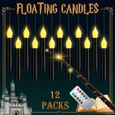 Imagem de Lezonic Velas flutuantes com controle remoto de varinha, conjunto de 12 velas pretas mágicas sem chamas operadas por pilha, castiçais cônicos de LED pendurados, decorações de Halloween, 2 x 15 cm