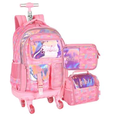 Imagem de KIT Escolar COMPLETO Barbie PINK Luxcel 3 Peças: Mochila de Rodinhas G + Lancheira Térmica + Estojo Box Holográfico