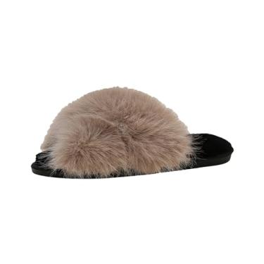 Imagem de Pantufas femininas fofas fofas felpudas de pele sintética para outono inverno em casa, Bege, 34