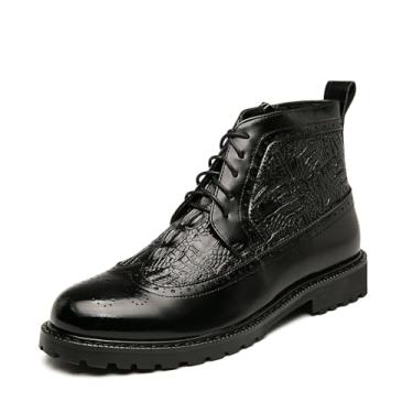 Imagem de Botas masculinas Chukka com zíper lateral Brogue Wingtip Retro Dress Boots for Men Elegante Casual PU Leather Boot com estampa de crocodilo, Preto, 37 BR