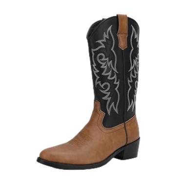 Imagem de Botas de caubói masculinas, de couro PU, bico redondo, bordadas, com sola de borracha e salto alto, Marrom, 44 BR